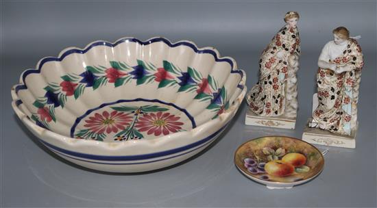 A Royal Worcester fruit-painted pin dish, signed, pair of small Continental figures (a.f) and a Quimper bowl